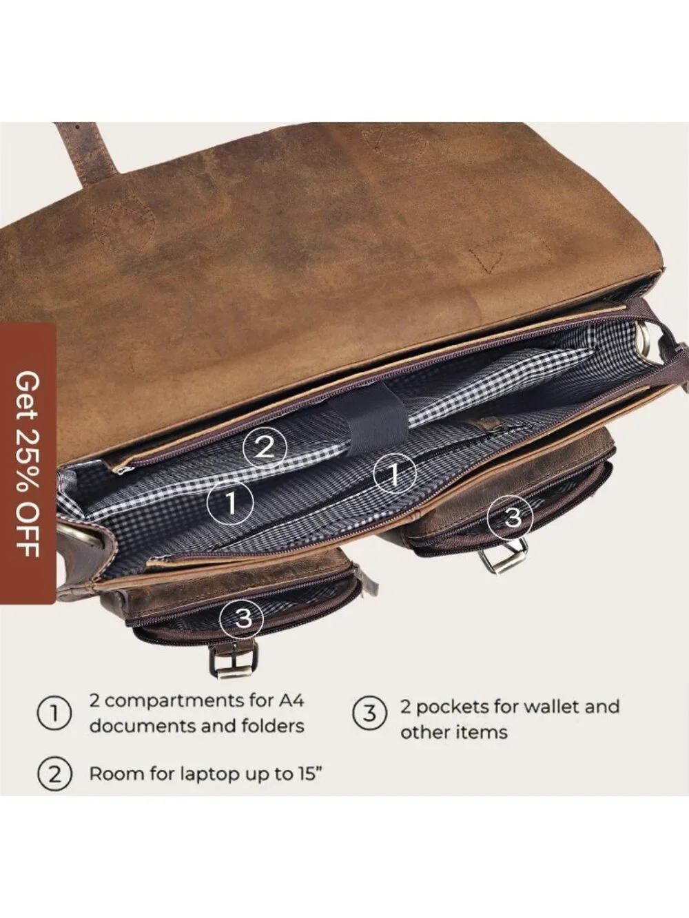 Denver‎ Leather Craft Potter Messenger Briefcase Bag Sz M Top Grain Buffalo NWOT